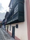 The quiet streets of the island\'s capital Santa Cruz de la Palma. Vintage balconies, beautiful houses, paving stones Royalty Free Stock Photo