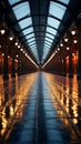 Quiet subway tunnel walkway awaits passengers amidst empty platforms