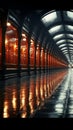 Quiet subway tunnel walkway awaits passengers amidst empty platforms