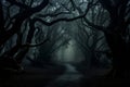 Mysterious dark forest in the evening with a little pathway, trees, and mist. Generative AI.