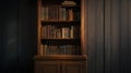 Antique wooden bookcase filled with books in dim lighting. vintage home library. cozy reading nook inspiration. AI