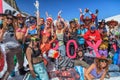 Quiksilver Camp is a sports and entertainment activity for ski and snowboard riders in Russia. Group of young happy pretty women