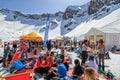 Quiksilver Camp is a winter mountain sports and entertainment hangout for skiers and snowboarders. Many people chill out relaxing Royalty Free Stock Photo