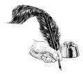 Quill Feather Ink Pen Hand Vintage Woodcut Print Royalty Free Stock Photo