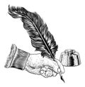 Quill Feather Ink Pen Hand Vintage Woodcut Print Royalty Free Stock Photo