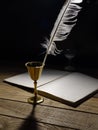 The quill, inkwell and blank book