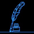 Quill, inkwell feather pen Elements of Law and Justice isolated icon neon vector illustration concept