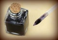 Quill pen and glass ink bottle, sepia style