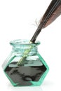 Quill pen and glass ink bottle