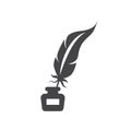 Quill pen with inkwell black vector icon. Feather with ink bottle. Royalty Free Stock Photo