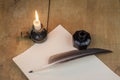 Quill pen and inkwell, and candlestick well resting on old paper. Literature concept