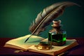 Quill pen and inkwell resting on an old book with green background. Generative ai Royalty Free Stock Photo