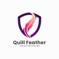 quill and shield combination logo concept, feather logo, quill logo Royalty Free Stock Photo