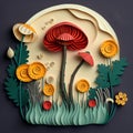 Quilled Paper Art of Mushroom and Wild Poppies. AI Generated