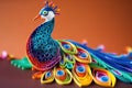 Quilled very beautiful peacock with beautiful colors in paper strips 3D photography