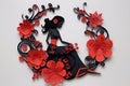 quilling chinese style girl in a black dress and red flowers around