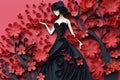 quilling chinese style girl in a black dress and red flowers around