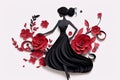 quilling chinese style girl in a black dress and red flowers around