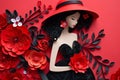 quilling chinese style girl in a black dress and red flowers around