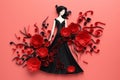 quilling chinese style girl in a black dress and red flowers around