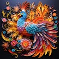 Quilling paper filigree phoenix with colorful flowers Generative AI