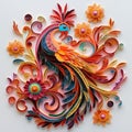 Quilling paper filigree phoenix with colorful flowers Generative AI