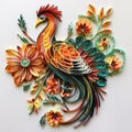 Quilling paper filigree phoenix with colorful flowers Generative AI