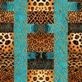 Quilt-Inspired Array of Leopard Spots and Aqua Textures in Patchwork Design