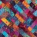 This quilt-inspired canvas is a chromatic symphony, where each patch juxtaposes abstract watercolors with bold leopard