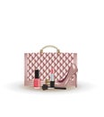 Quilted pink handbag with shoe and cosmetics