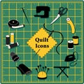 Quilt, Patchwork, DIY Sewing Icons on Square Green Cutting Mat Royalty Free Stock Photo