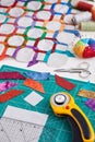 Quilting and sewing accessories, fragment and detailes of quilt Royalty Free Stock Photo