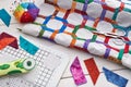 Quilting and sewing accessories, fragment and details of quilt Royalty Free Stock Photo