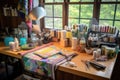 quilting tools and materials arranged on a workspace