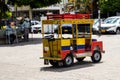 QUIMBAYA, COLOMBIA - JULY 2021. Traditional chiva model at Bolivar Square in the small town of Quimbaya located in the region of