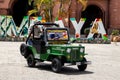 QUIMBAYA, COLOMBIA - JULY 2021. Willys Jeep model at Bolivar Square in the small town of Quimbaya located in the region of Quindio