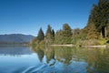 Horizontal scenic view of peaceful Lake Quinault in Olympic National Park. Located in