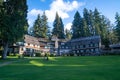Horizontal view of Lake Quinault Lodge, a historic hotel on the southeast shore of Lake