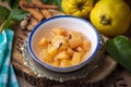 Quince compote. Compote or compote is a type of dessert prepared by boiling fruits with sugar water. Turkish name; ayva kompostosu