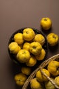 Quince fruits on table, close-up. Top view.