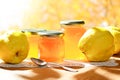 Homemade quince jelly jars fruits Royalty Free Stock Photo