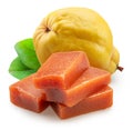 Quince paste cubes and apple quince fruit on white background. File contains clipping paths Royalty Free Stock Photo