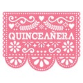 Quinceanera Papel Picado design - Mexican folk art birthday party design, paper decoration with floral pattern
