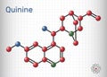 Quinine molecule. It is natural alkaloid derived from the bark of the cinchona tree. Molecule model. Sheet of paper in a cage