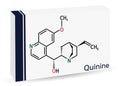 Quinine molecule. It is natural alkaloid derived from the bark of the cinchona tree. Skeletal chemical formula. Paper packaging
