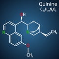Quinine molecule. It is natural alkaloid derived from the bark of the cinchona tree. Structural chemical formula on the dark blue