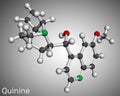 Quinine molecule. It is natural alkaloid derived from the bark of the cinchona tree, used to treat malaria and babesiosis.