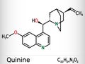 Quinine molecule. It is natural alkaloid derived from the bark of the cinchona tree, used to treat malaria and babesiosis.