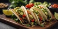 Quinoa and black bean tacos with avocado, salsa, lettuce, and lime wedges. Royalty Free Stock Photo