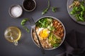 Quinoa bowl with egg, avocado, cucumber, lentil. Healthy vegetarian lunch